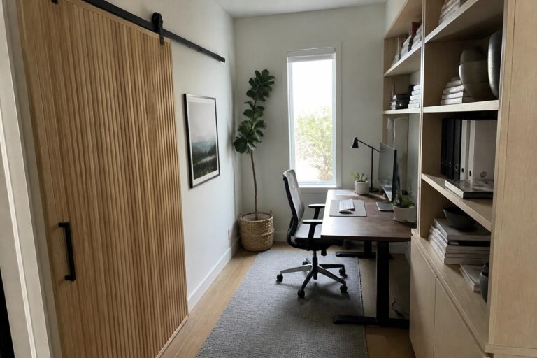 A light wood sliding door with vertical slats partially open, revealing a home office with a built-in bookshelf and desk area.