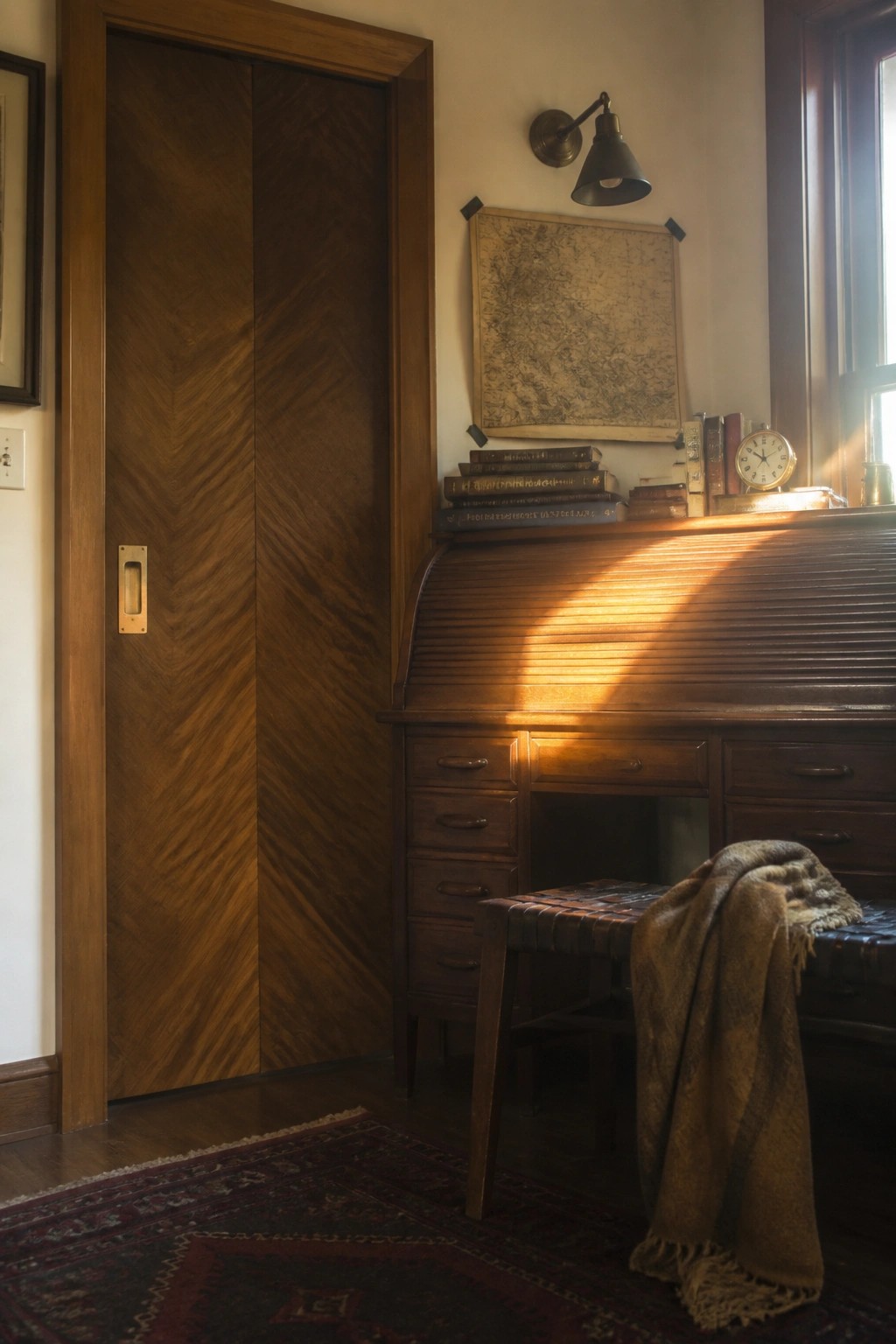 A wooden door with a herringbone grain pattern is shown next to a roll top desk in a home office.