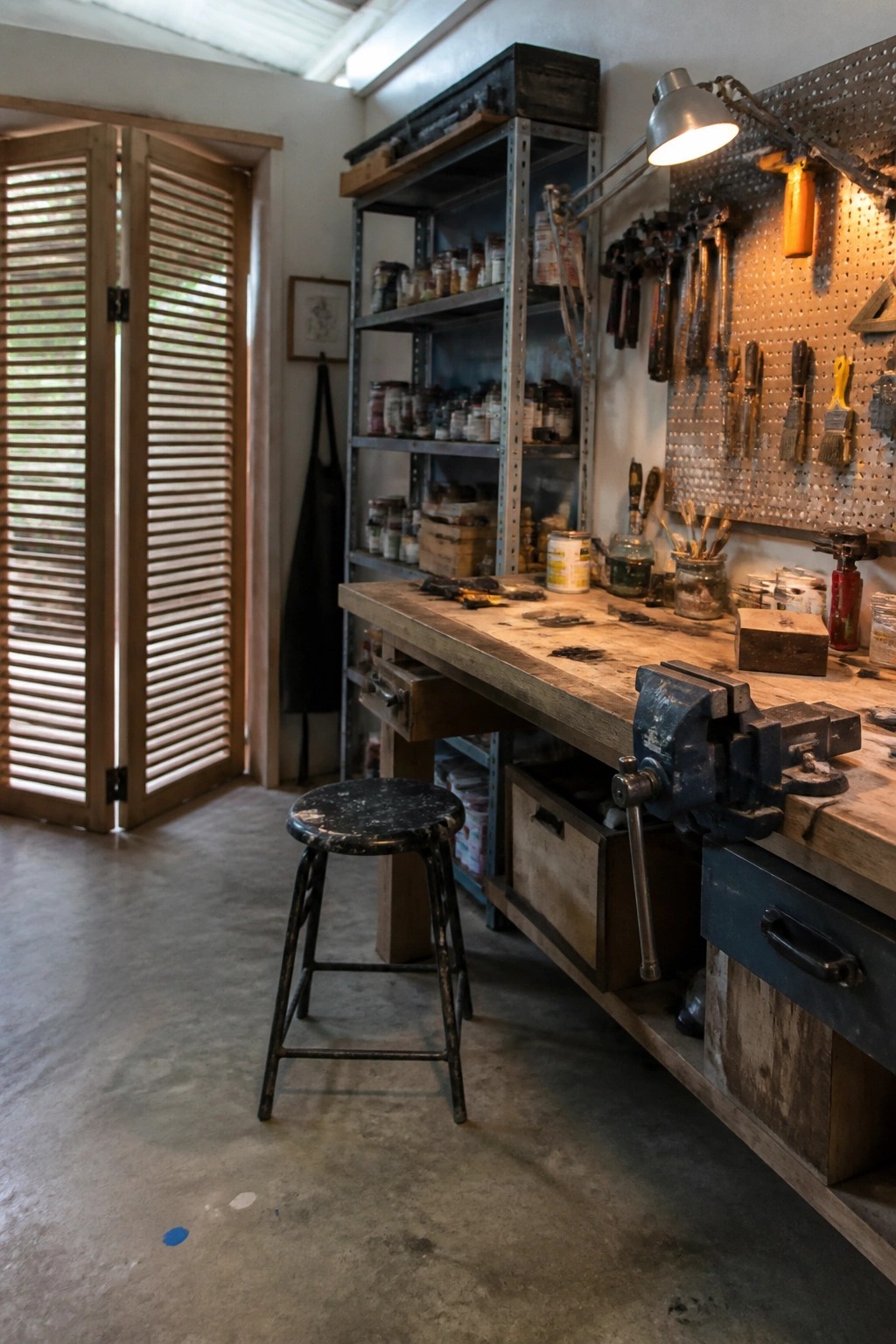 A workshop interior with wooden louvered bifold doors on the left, a large wooden workbench with a blue vise, a black stool, and tools on shelves and a pegboard wall.