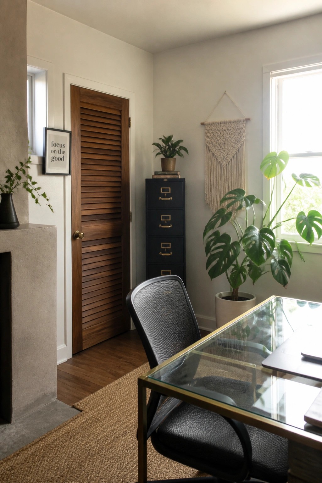A home office interior showing a wooden louvered door, glass desk, black office chair, and potted plants near a window.