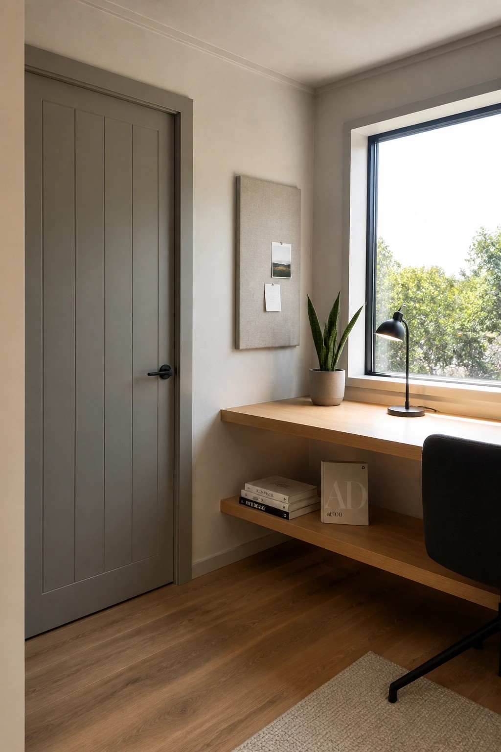 A gray paneled wooden door next to a floating light wood desk under a window in a home office.