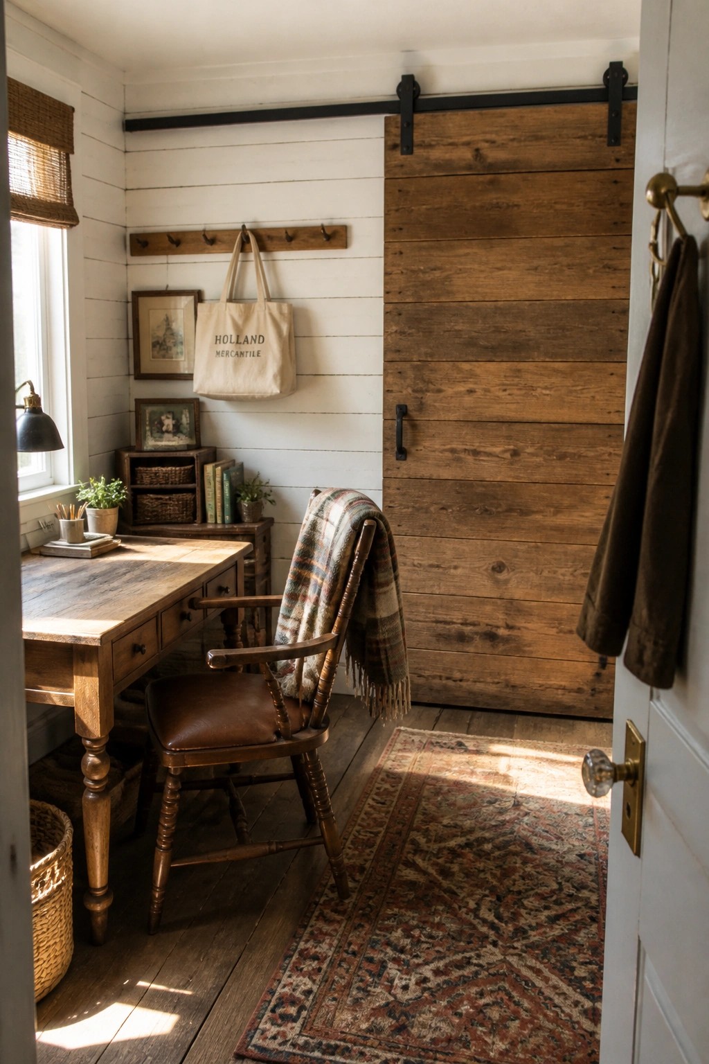 A home office interior with a wooden sliding barn door on a black metal track, a wooden desk, and a brown leather chair.