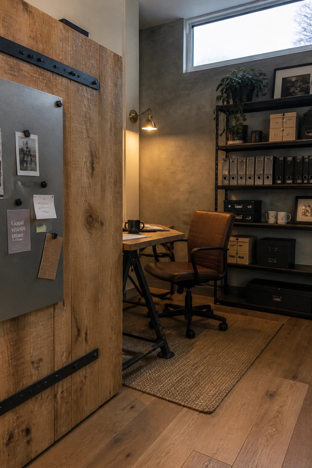 A wooden sliding barn door with black metal hardware stands open beside a home office desk, chair, and black shelving unit on a light wood floor.