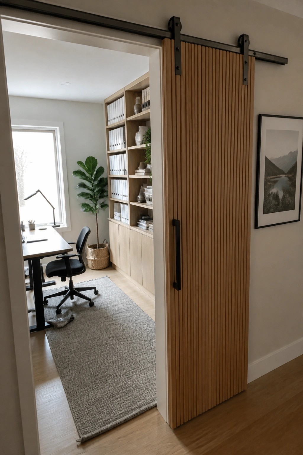 A light wood sliding door with vertical slats partially open, revealing a home office with a built-in bookshelf and desk area.
