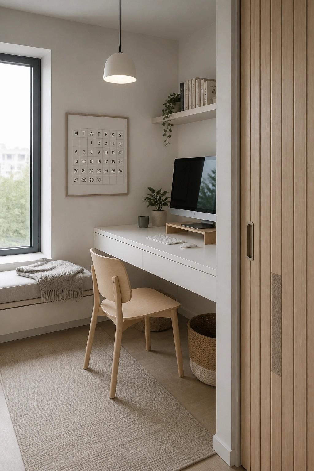 Minimalist white desk with wooden chair, monitor, calendar, and pendant light in neutral room