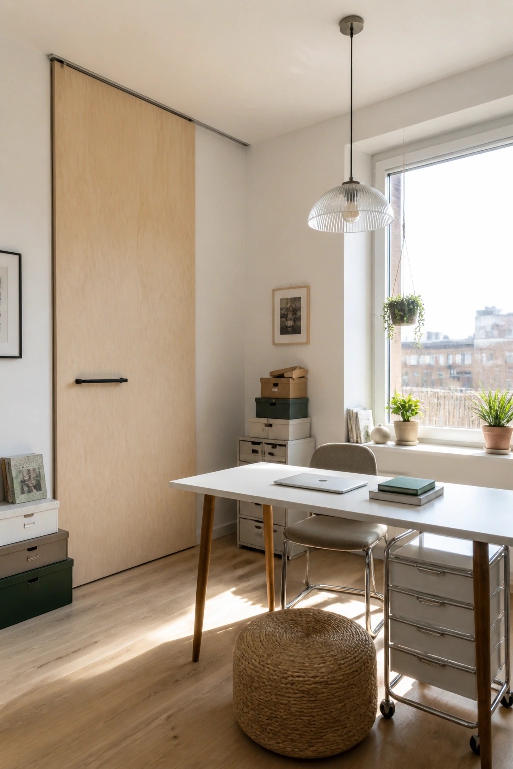 A home office interior featuring a large light wood sliding door on the left wall, a white desk with a laptop and chair, and a window with plants on the sill.