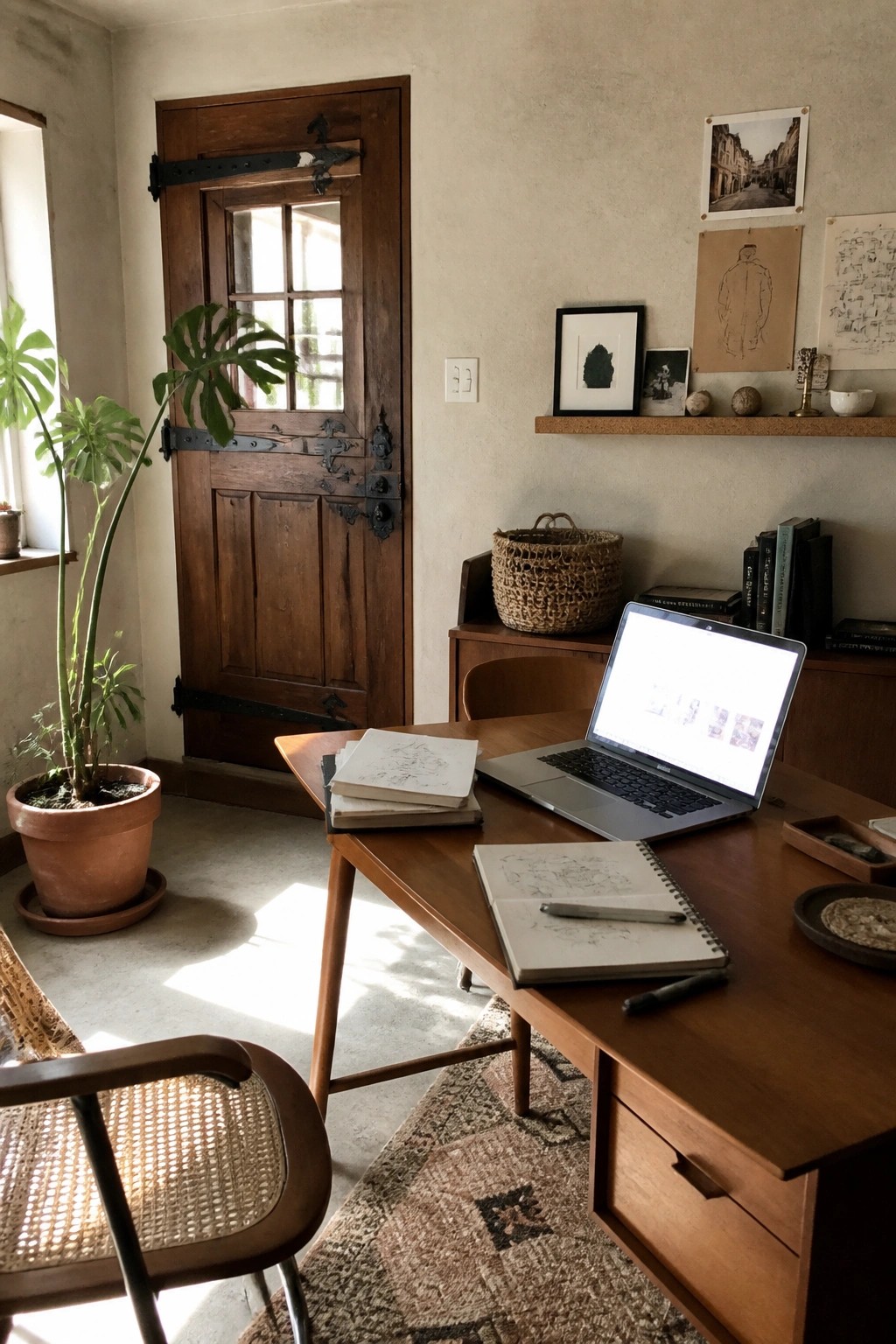 A wooden door with black metal hinges and a small window stands beside a wooden desk holding a laptop and open sketchbooks in a home office.