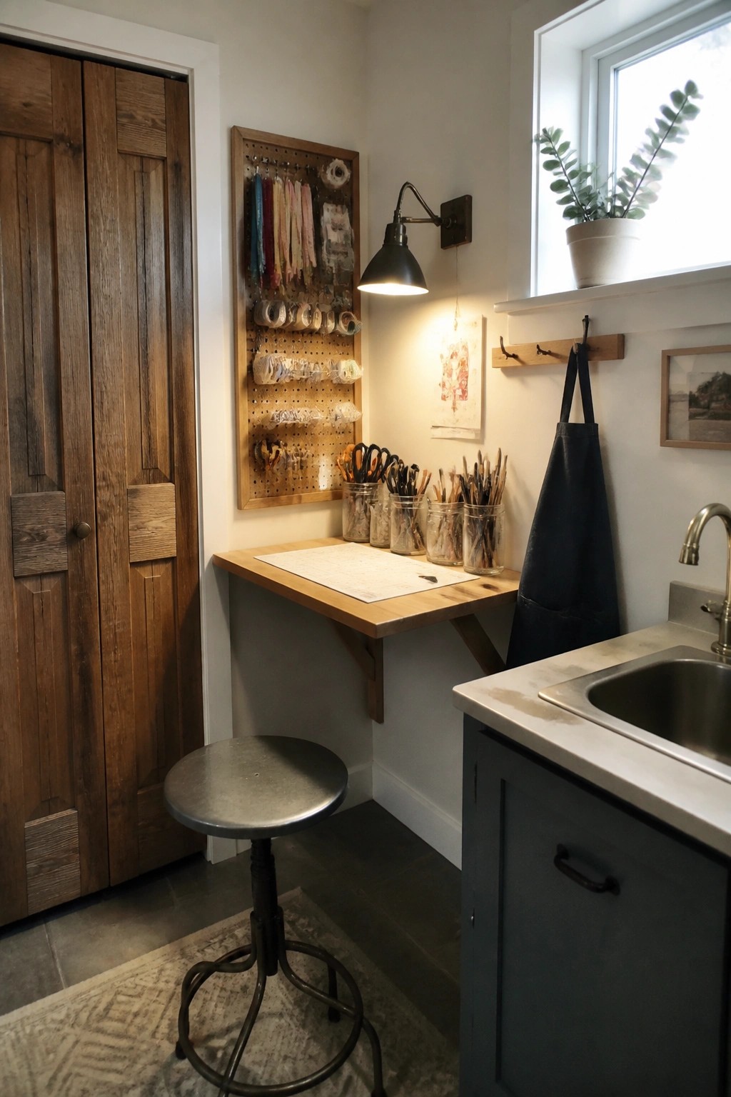 A compact workspace with a wooden door on the left, a wall pegboard holding ribbons and supplies, a fold-down wooden desk with jars of brushes, a metal stool, and a sink area on the right.
