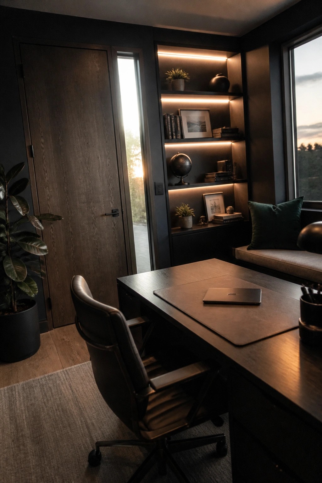 A home office interior featuring a dark wooden door with a vertical glass panel next to built-in shelving and a desk.