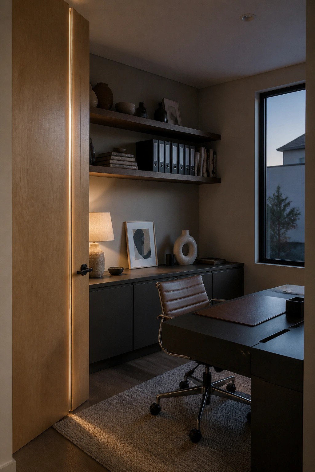 A light wood office door with a vertical LED strip along the edge, shown open to reveal dark built-in cabinets, shelves, and a desk with a brown leather chair.