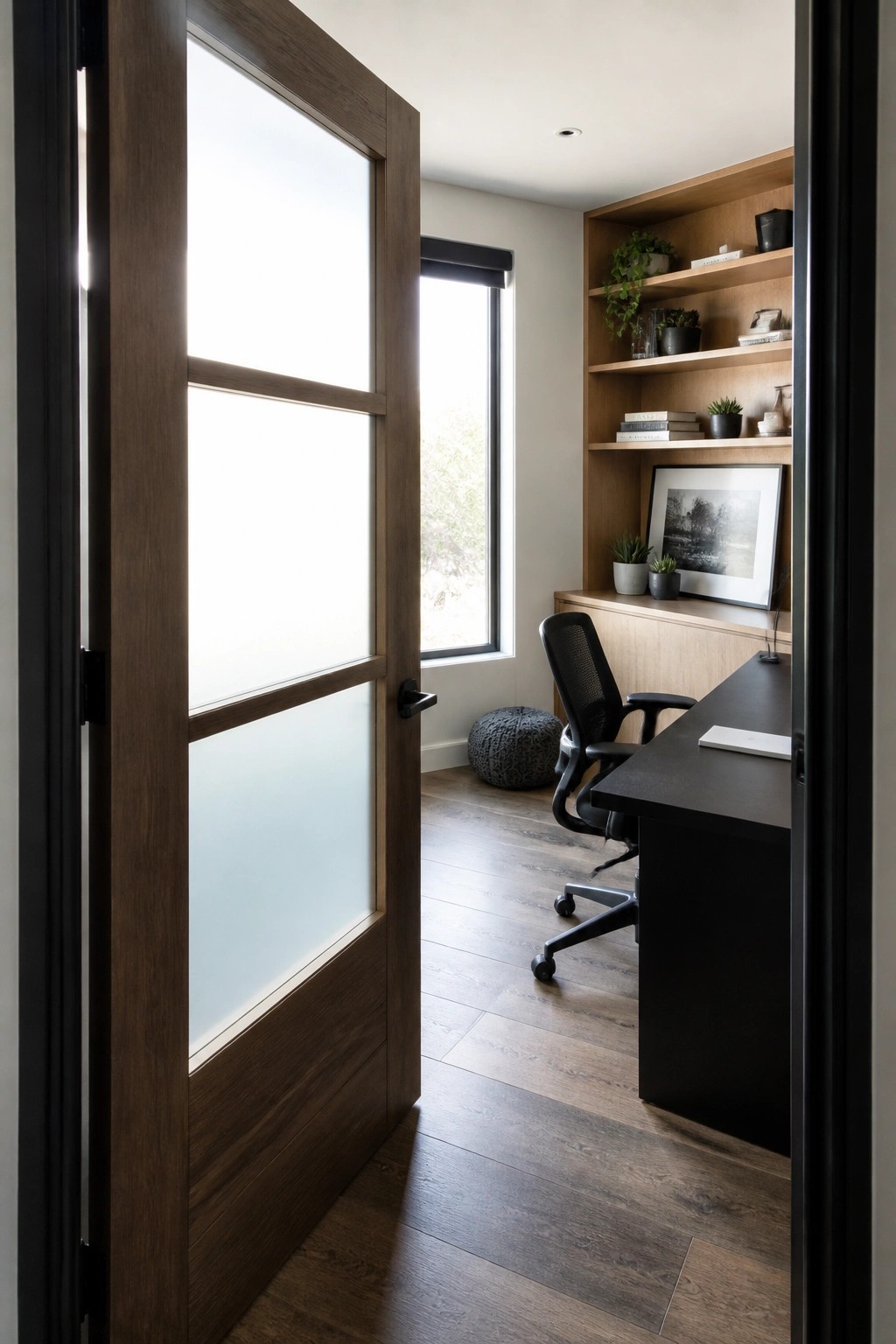 An open wooden door with three frosted glass panels leads into a home office with a black desk, office chair, and light wood built-in shelves.