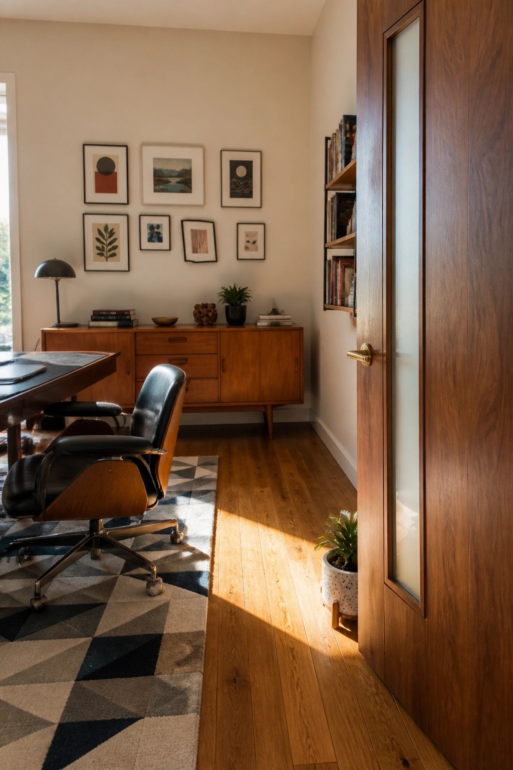 Mid-century modern office with leather chair, wooden credenza, art gallery wall, and sunlit floors.
