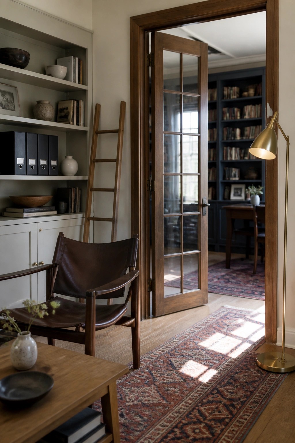 Leather sling chair on rug near open door to library with brass lamp