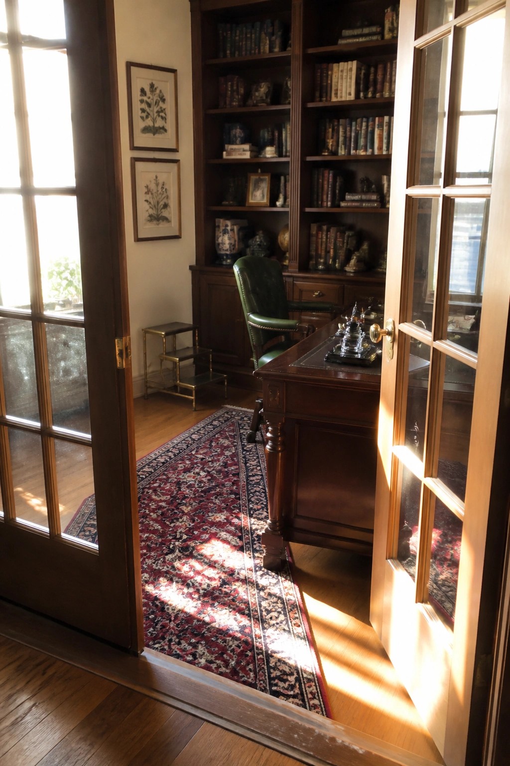 Open wooden French doors with glass panes leading into a home office featuring a wooden desk, green leather chair, and built-in bookshelves.