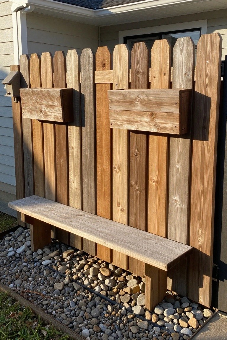Wooden fence with attached bench and two rectangular planter boxes mounted on the fence panels, set on gravel beside a house.