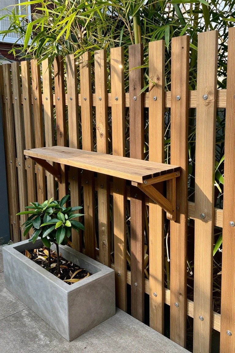 Wooden shelf with brackets on vertical fence above gray concrete planter with green plant