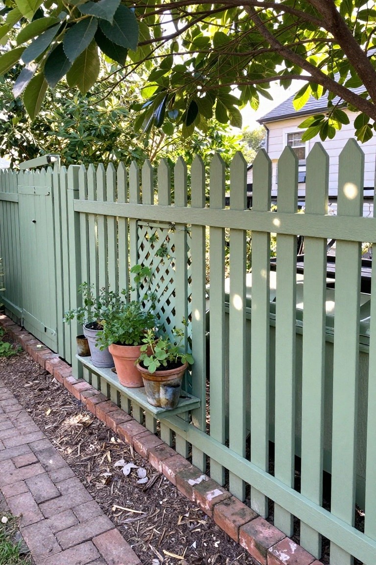 Green picket fence with potted plants on ledge beside brick garden path