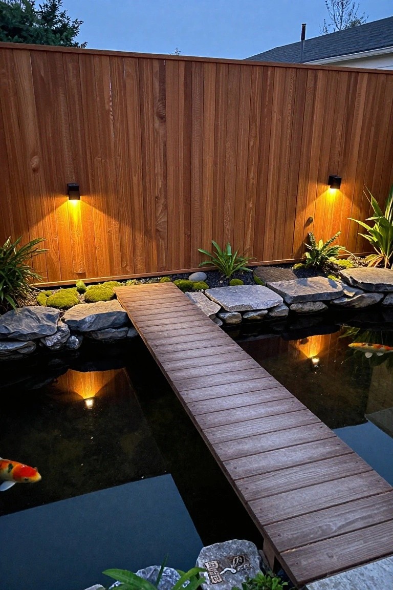 Wooden bridge over koi pond at dusk with lit fence, rocks, and plants