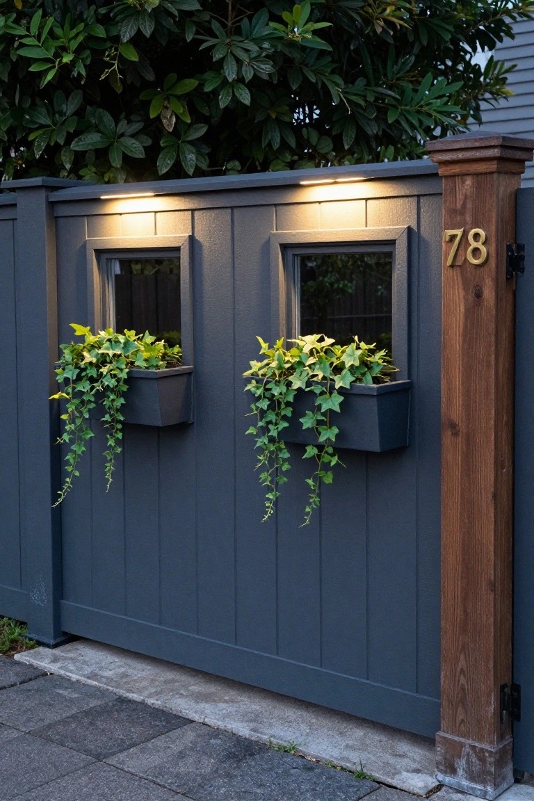 A dark gray fence features two mounted rectangular planters with trailing ivy plants, positioned below small window openings, next to a tall wooden post with the number 78.