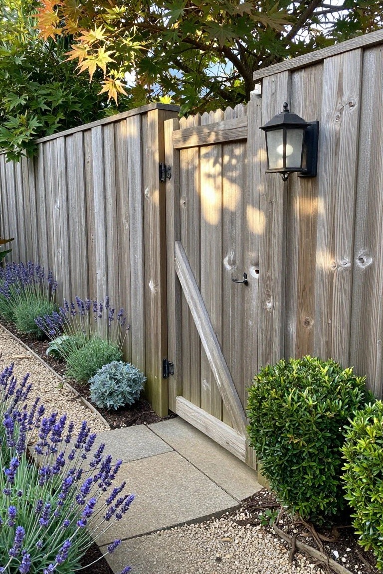 A weathered wooden gate with a diagonal brace stands partially open in a vertical plank fence, bordered by lavender and shrubs beside a gravel and stone path.