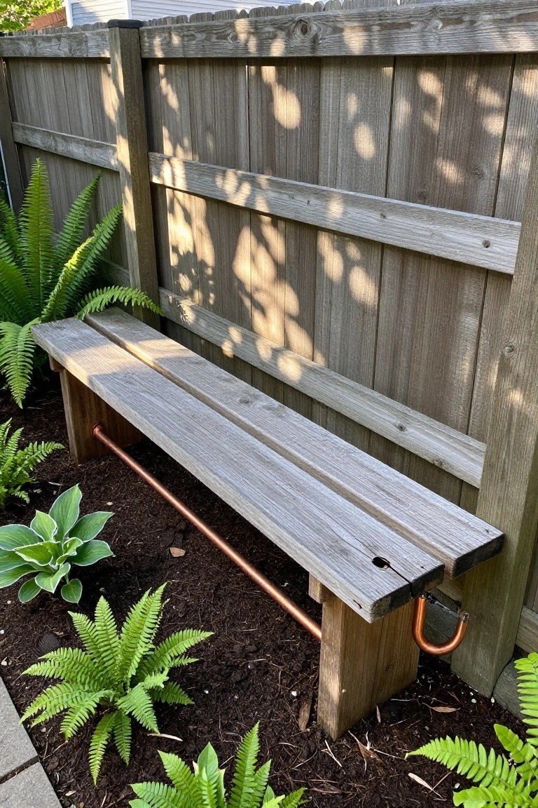 A rustic wooden fence with a long bench made of weathered planks attached along its base, supported by copper pipes, surrounded by ferns and hostas in a garden bed.