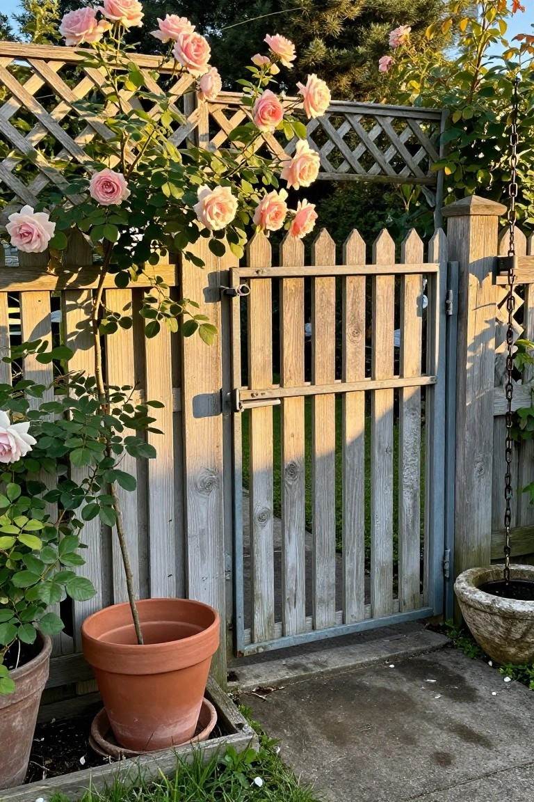 A weathered wooden picket gate stands open in a fence, with pink roses climbing over the top and potted plants at the base.