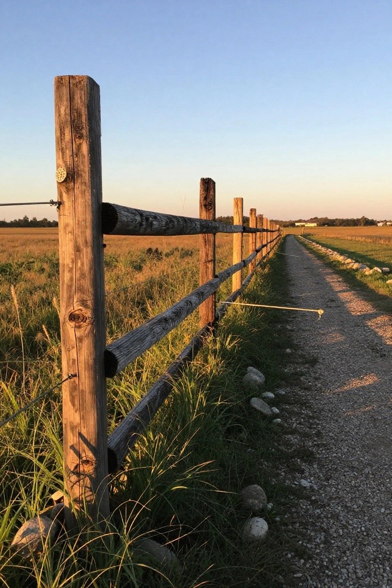 A wooden split-rail fence lines a gravel path through a grassy field.