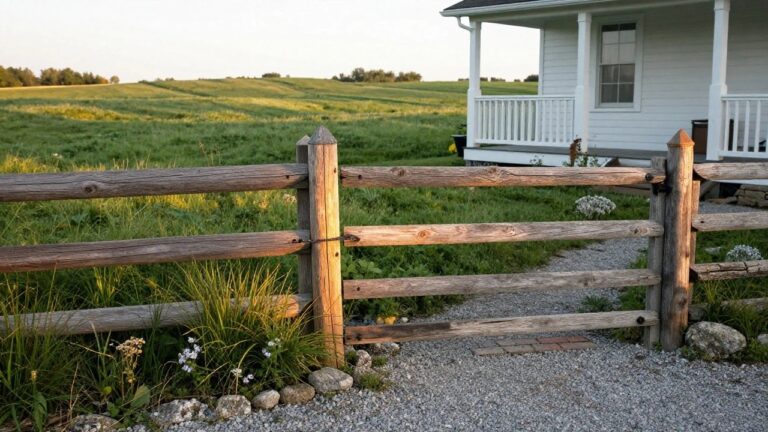 A weathered wooden picket fence with an open gate sits in front of a white farmhouse, with a gravel path running through the opening.