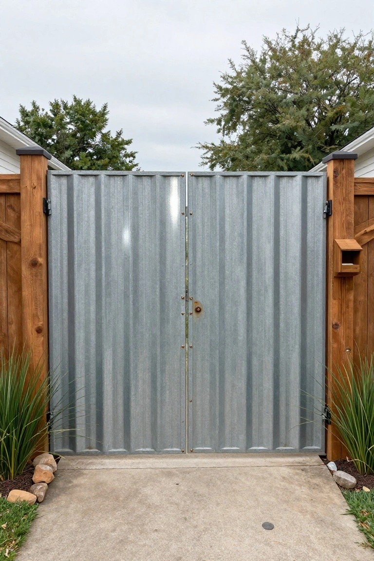 A double corrugated metal gate set between wooden posts, with matching wood fencing on both sides and plants along the base.