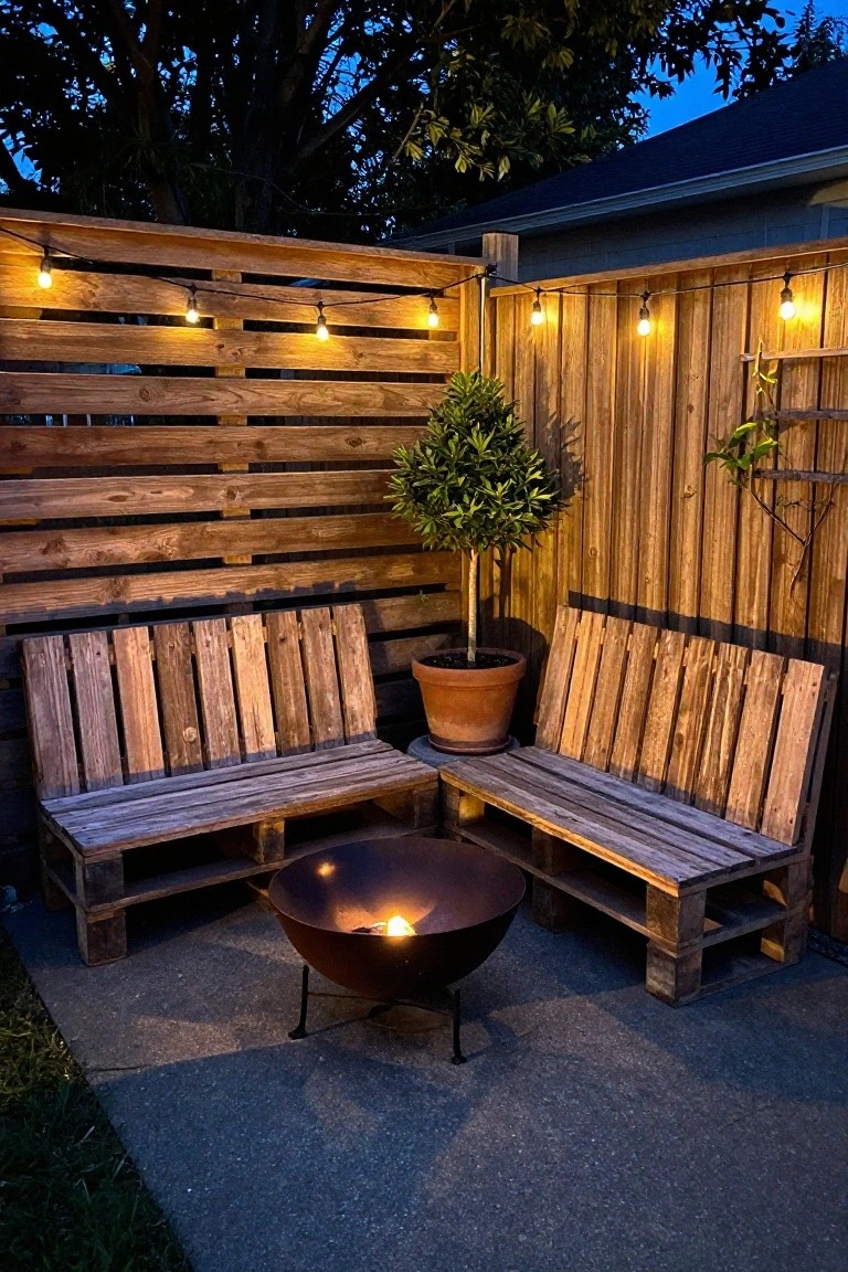 Two rustic wooden benches flank a fire pit on a concrete patio, backed by a horizontal wooden fence strung with lights and a potted tree nearby.