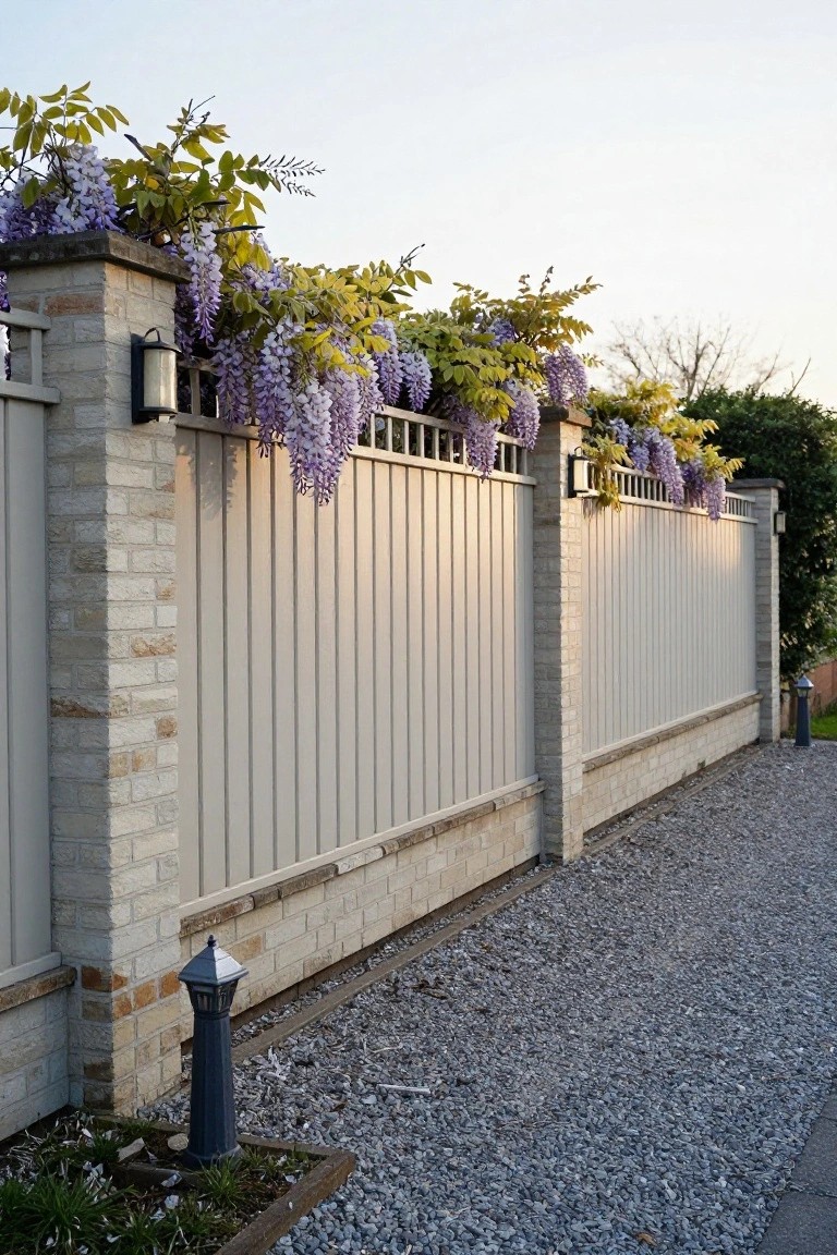 Beige fence with brick pillars topped by blooming purple wisteria beside a gravel path.