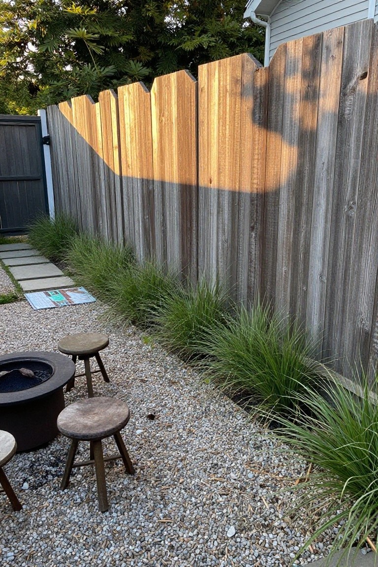 A rustic wooden fence with tall green grasses planted along the base in a gravel backyard area that includes a fire pit and wooden stools.