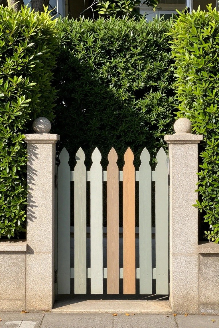 A picket fence gate with light green and natural wood slats sits between stone pillars and dense green hedges.