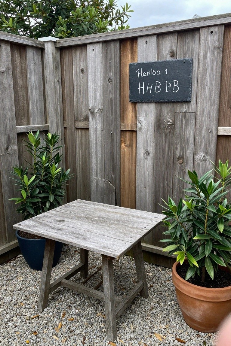 A rustic wooden fence with vertical planks of varying widths and tones stands behind a weathered table and two potted plants on gravel, with a slate sign attached to the fence.