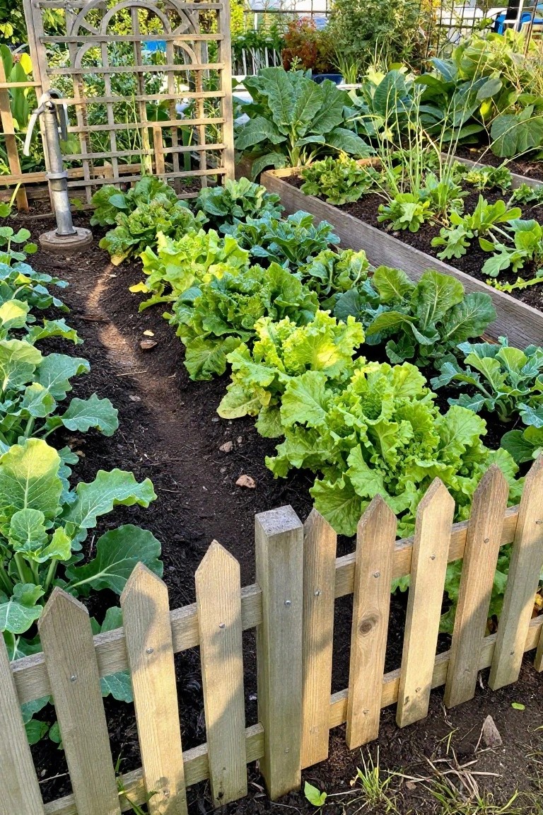 A garden scene with leafy green vegetables in raised beds, a dirt path, and a low wooden picket fence in the foreground.