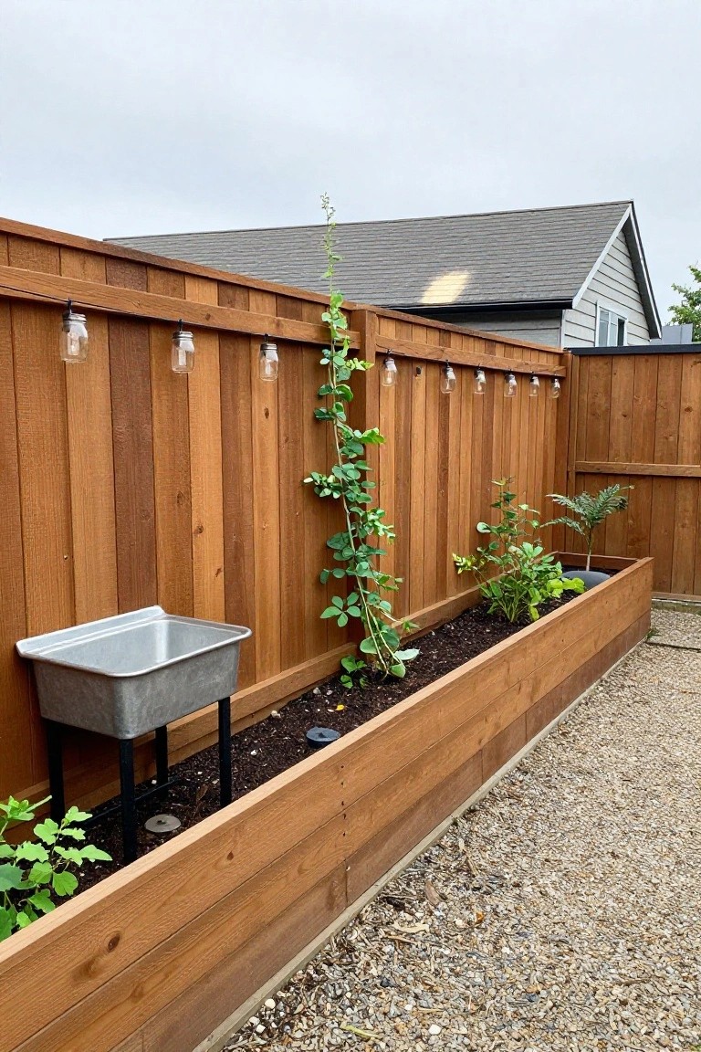 Wooden raised garden bed with plants, metal sink, and string lights on fence