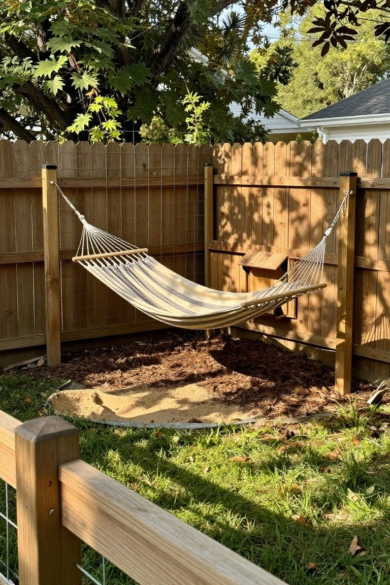 A striped hammock is strung between two wooden posts on a tall rustic fence in a backyard with mulch and grass nearby.
