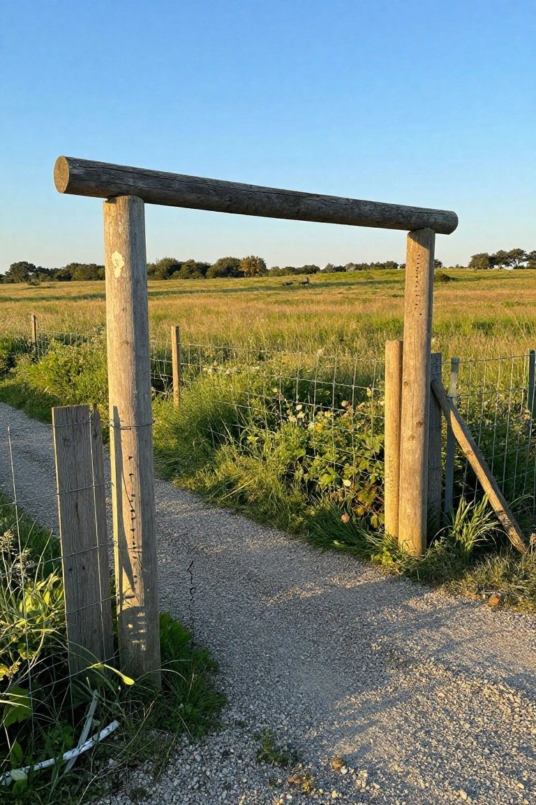 Wooden log archway over gravel path in grassy field with wire fence