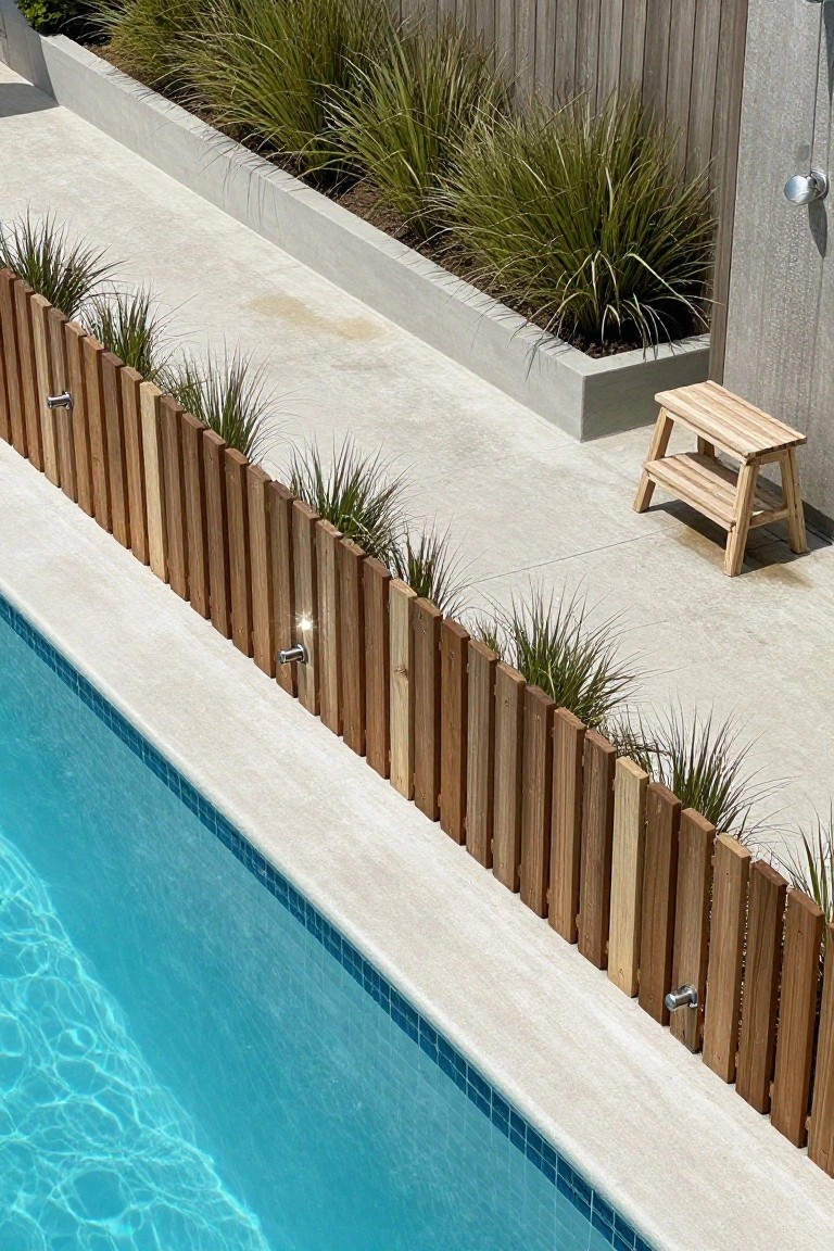 Blue swimming pool edged by wooden slats, plants, and stool on concrete deck