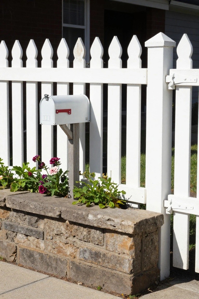 A white picket fence mounted on a low stone wall with flowers planted along the base and a mailbox attached to a post.