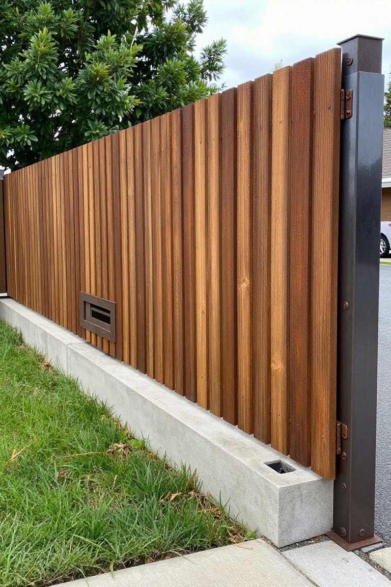 Vertical brown wooden fence slats on concrete base beside dark metal post