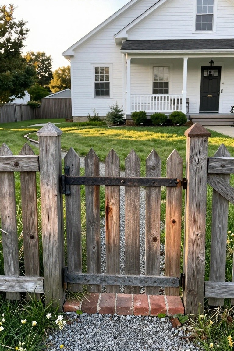 A weathered wooden picket fence with an open gate sits in front of a white farmhouse, with a gravel path running through the opening.