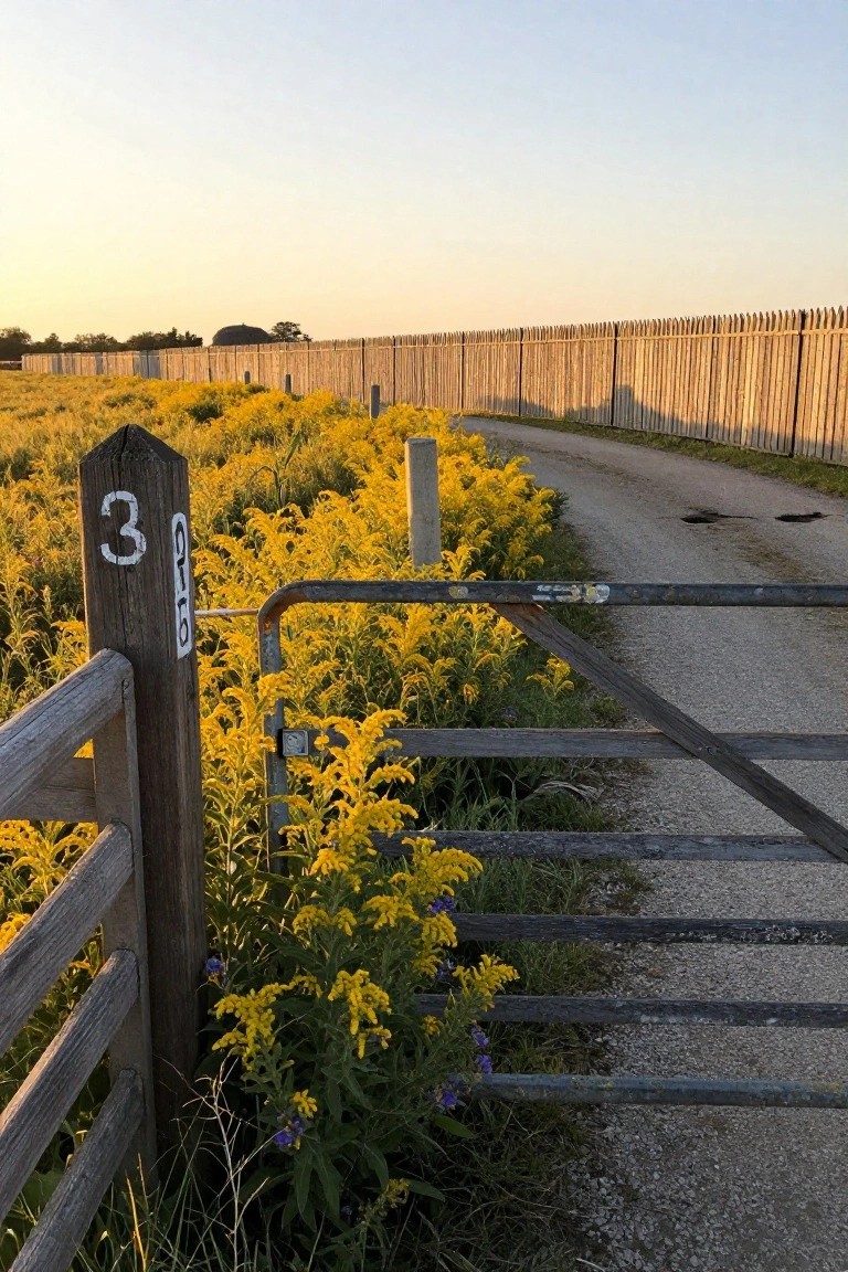 A wooden gate with a post marked 3 stands open beside a gravel path lined with yellow wildflowers and a long wooden fence in the background.