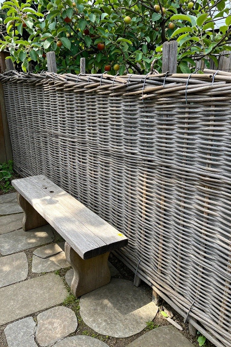 A woven wooden fence runs along a stone path with a wooden bench in front and a fruit tree behind it.