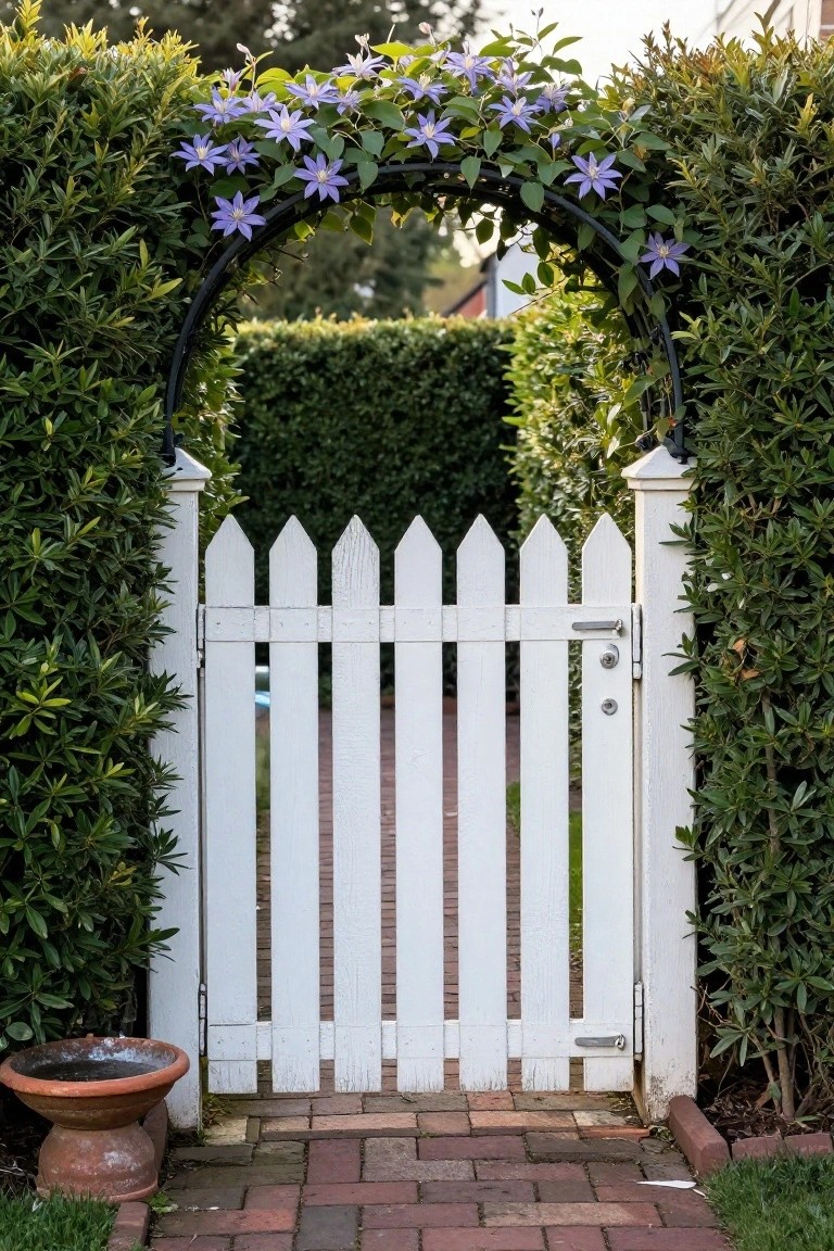 A white picket gate under a black metal arch covered in purple flowers, flanked by dense green shrubs on a brick pathway.