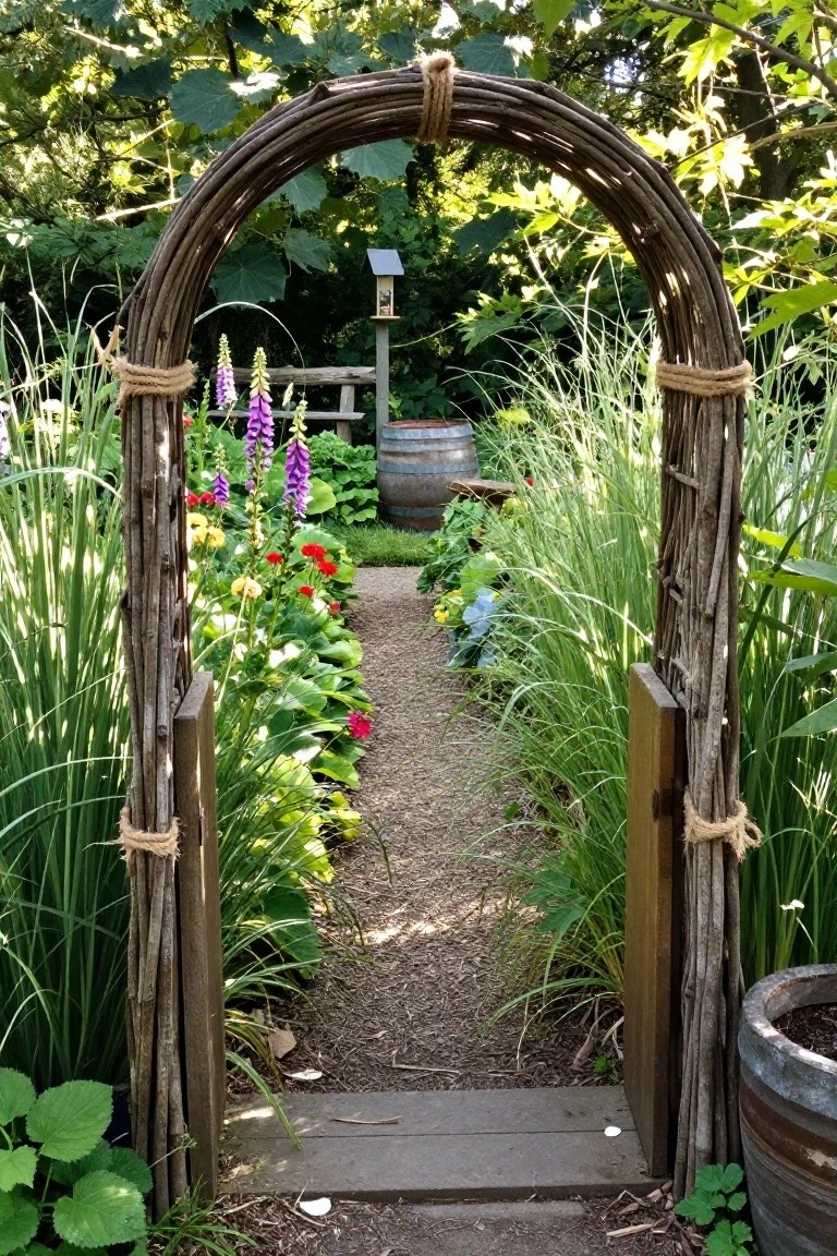 Rustic branch archway over mulched garden path lined with colorful flowers and barrel