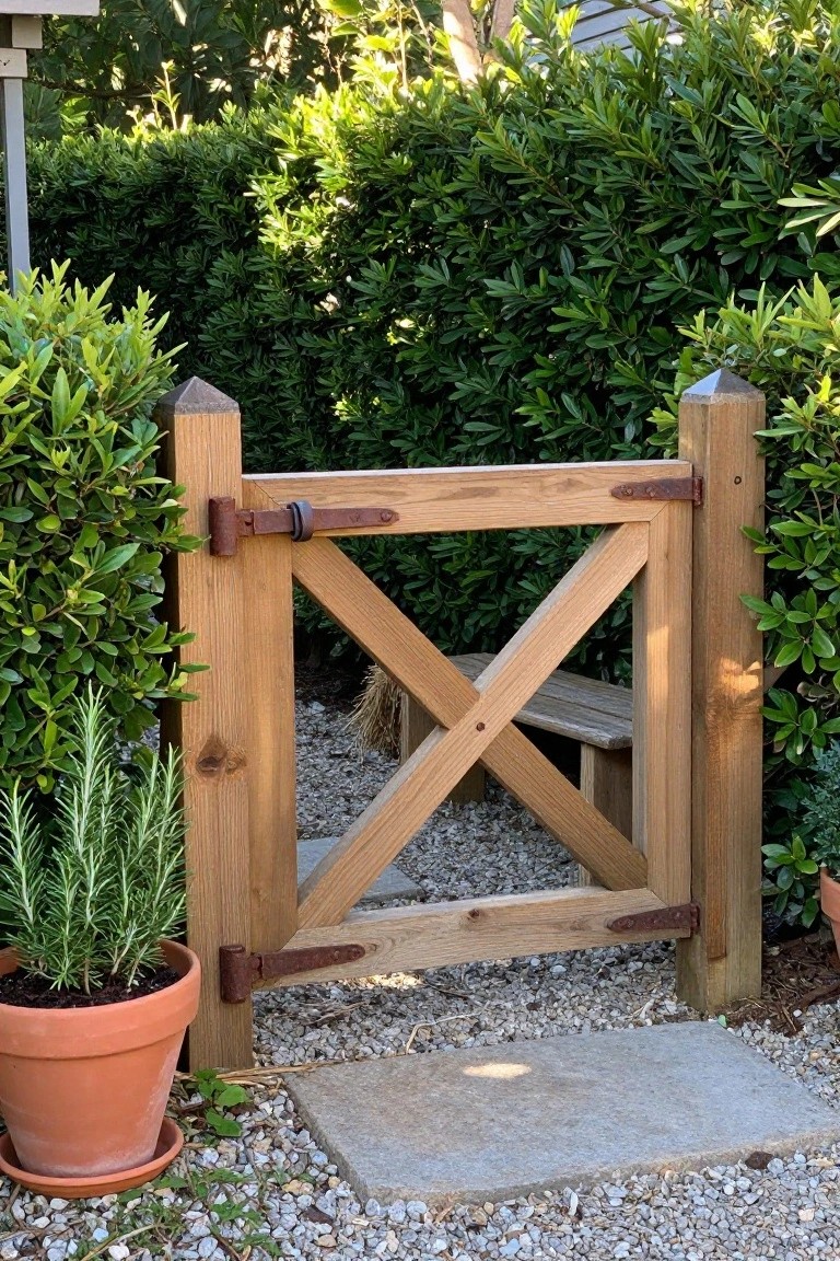A wooden garden gate with X bracing stands open between two posts next to green shrubs and a potted plant on gravel.