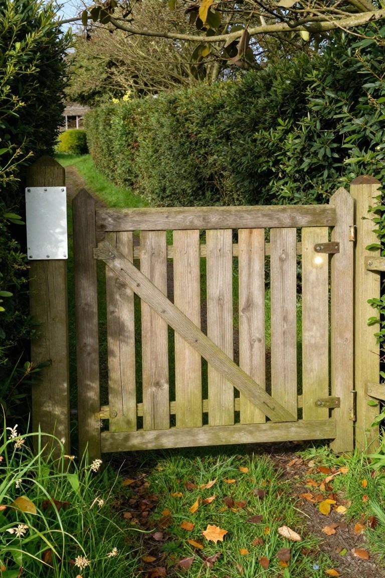 Weathered wooden garden gate with diagonal brace amid green bushes and fallen leaves