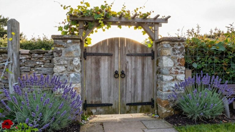 18 Rustic Wooden Gate Designs That Add Character to Gardens and Yards A weathered wooden gate between stone pillars, topped by a curved wooden arch covered in green vines, with lavender growing at the base.