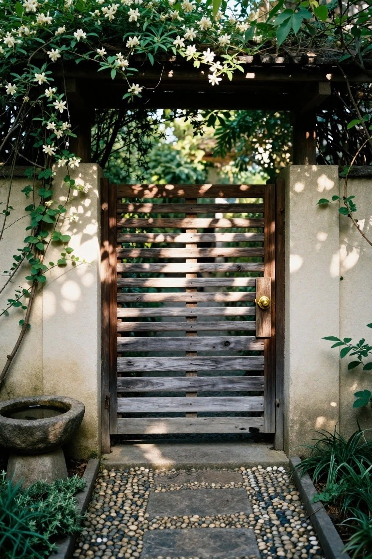 Wooden slatted gate between stone walls with white flowering vines and pebble path